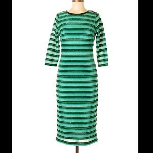 Eva Mendes Green Shimmer Stripe Holiday Dress